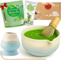 "Goodwei Matcha" rinkinys su aukštos kokybės keraminiu Matcha dubenėliu su snapeliu, Matcha šluotele ir šluotelės laikikliu Dovanų rinkinys arbatos ceremonijai su ekologiška Matcha ir Cocos Matcha Latte (Fuji Blue)