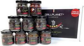 "Grillplanet" 9 prieskonių dovanų rinkinio dizaino indelių rinkinys, prieskoniai iš viso pasaulio, prieskonių rinkinys 177 g, keptuvė ir keptuvė
