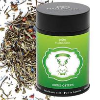 "Hallingers Merry Easter" - žalioji arbata "Strawberry", rožiniai pipirai ir rugiagėlės, velykinės dovanos velykiniams krepšeliams (skardinė) - Motinos dienos dovana ir dovanų idėjos Tėvo dienai | Congratulations Recovery