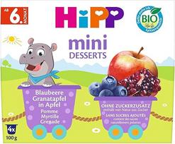 "HiPP" ekologiškas mini desertas su mėlynėmis ir granatais obuoliuose (6 pakuotės po 4 x 100 g) nuo 6 mėn., praktiniuose puodeliuose, be pridėtinio cukraus, geriausios ekologiškos kokybės