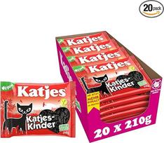 "Katjes Kids" saldymedžio laikymo pakuotė - laikymo dėžutė, maži saldymedžio kačiukai, pagaminti iš kietosios saldymedžio šaknies, klasikiniai, veganiški, 20 x 210 g