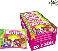"Katjes Peace & Love Storage Pack" - įvairių formų ir spalvų vaisių kramtomosios gumos dėžutė, įvairių skonių vaisių mišinys, veganiška, 20 x 210 g