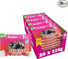 "Katjes Red List Edition" vaisių kramtomosios gumos pakuotė - aviečių, braškių, spanguolių ir vyšnių skonio vaisių kramtomosios gumos mišinys, be gyvūninės želatinos, veganiškas, 20 x 210 g