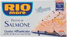 "Rio Mare Salmone Affumicato" lašišos filė, rūkyta alyvuogių aliejuje su pipirais 125 g