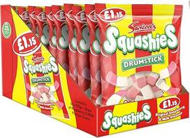"Swizzels Drumstick Squashies Original" saldainiai - aviečių ir pieno skonio putų saldainiai - pakuotė su kainų etikete (12 x 120g)