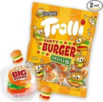 "Trolli Burger" maišelių rinkinys - 170 g "Party Burger Minis" ir 1 x "Big Burger" 50 g - ikoniškos vaisių guminėlės užkandžiams ir dalijimuisi - saldainių mišinys vaikų gimtadieniui, griliui ir saldainių barui - kiekvienas burgeris supakuotas atskirai