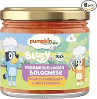 Bluey Vegane Bio Linsen Bolognese Kids (6 pakuotės) - Bolognese für Kinder (3+ Jahre) - schnelle Zubereitung - Bolo ohne Zusatzstoffe - vegan, rein pflanzlich - von Pumpkin Organics