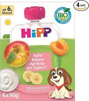 HiPP Ekologiški vaisiai su jogurtu Obuoliai Bananai Abrikosai su jogurtu 4 x 90 g 4 pakuotės (4 x 4 x 90 g)