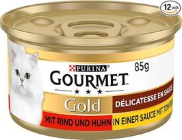 PURINA GOURMET Gold Délicatesse en Sauce Šlapias kačių ėdalas su jautiena ir vištiena, 12 vnt. (12 x 85 g)