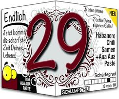 Schlump-Chili Endlich 29 - juokinga aštri gimtadienio dovana. Originali dovanos idėja 29-ajam gimtadieniui vyrams ir moterims.