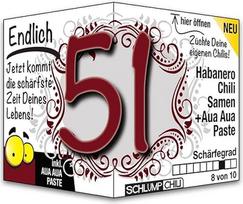 Schlump-Chili Endlich 51 - juokinga aštri gimtadienio dovana. Originali dovanos idėja 51-ajam gimtadieniui. Dovana vyrams ir moterims