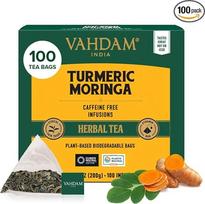 VAHDAM Ciberžolių arbata su ciberžolėmis ir moringa | 100 piramidinių arbatos maišelių | Be kofeino | Žolelių mišinys su ciberžolėmis, moringa ir indiškais prieskoniais | Natūralūs ingredientai | Pagaminta Indijoje