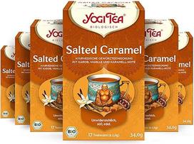 YOGI TEA Salted Caramel, ajurvedinis ekologiškas prieskonių arbatos mišinys su karobu, kakava, natūraliu karamelės aromatu ir druska, be kofeino, Yogi Tea Pack of 6, 6 x 17 maišelių (102 arbatos maišeliai)