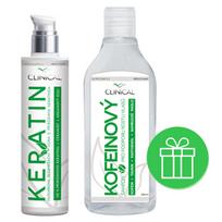Plaukų priežiūros rinkinys Keratino procedūra ir kofeino šampūnas 100 ml + 250 ml silpniems plaukams stiprinti