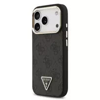 GUESS PU Leather 4G Rhinestone Triangle Logo Gold Frame MagSafe Case for iPhone 17 Pro Black