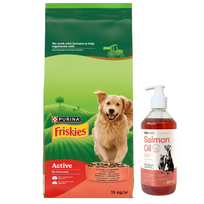Friskies Active maistas suaugusiems šunims su jautiena ir daržovėmis, 15 kg + LAB V Lašišų aliejus šunims ir katėms 500ml