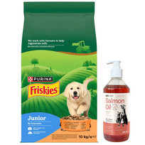 Friskies Junior Maistas šuniukams su vištiena ir daržovėmis su pienu 10 kg + LAB V Lašišų aliejus šunims ir katėms 500ml