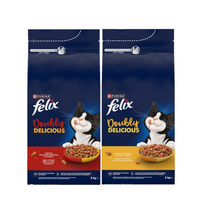 Felix Doubly Delicious Maistas suaugusiems katėms su skaniu vištienos ir kalakutienos mišiniu 2 kg +  su skaniu jautienos ir vištienos mišiniu, 2 kg