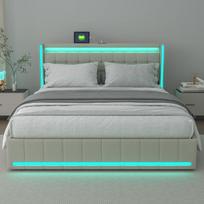 Dvigulė lova 140 x 190 cm, minkšta lova su LED apšvietimu, USB jungtimi ir 4 stalčiais paaugliams ir suaugusiems, smėlio spalvos lininė