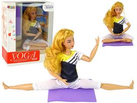 Lėlė joga su kilimėliu ir ilgais šviesiais plaukais