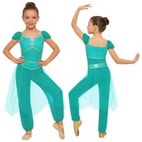 Girls Halloween Costume Romper: Contrast Color Rhinestone Belly Dance Jumpsuit with Sequined Waist & Sheer Tulle Overlay 5-6 Years mėlyna