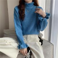 Half Turtleneck Bottoming Shirt with Fungus Edge Women's Autumn and Winter Long-sleeved Thick Knitted Pullover Top One Size