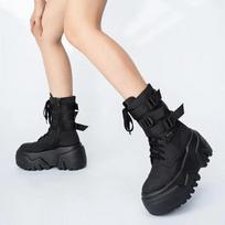 Madingi moteriški ankle boots rudeniui odiniai stambūs batai moteriai aukšta platforma kvėpuojantys sportbačiai 9CM storio padu pleištai motociklininkų batai 35 juoda