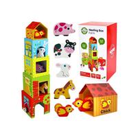 WOOPIE GREEN Ferma kubelių (dėžučių) dėlionė su figūrėlėmis, 10 dalių