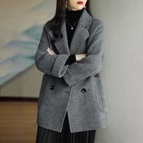 Suit Collar Temperament Woolen Women's Autumn Winter Herringbone Patterned Coat Loose Slimming Coat Versatile XXXXL pilka