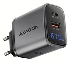 AXAGON ACU-PQ67D GaN sieninis įkroviklis su LCD, 67W, USB-C, USB-A, PD 3.0, PPS, pilkas