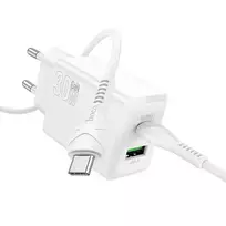 Hoco N71 travel charger | 30W | PD, QC | USB-A, USB-C | with USB-C to USB-C cable included | white