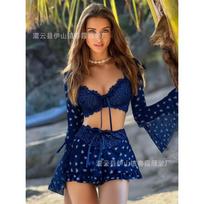New, sexy pajamas lace erotic underwear long-sleeved short skirt suit women S raudona