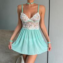 Sexy Nightgown Embroidered Mesh Patchwork Sexy Lingerie Sets with Neck Cover S mėtų žalios spalvos