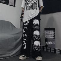 Japoniškas Harajuku Anime Spausdinti Plačias kelnes Moteriškas Hipių Gatvės Apranga Juodos Sportinės kelnės Korėjietiško stiliaus Negabaritinės kelnės M pilka spalva