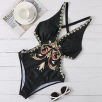 Women High Waist Swimwear One Piece Swimsuit V-Neck Print Backless Bathing Suit S geltona/juoda