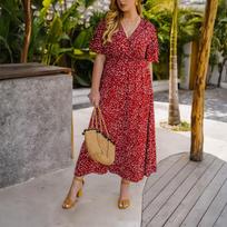 Women's Fashionable Plus Size Floral Print V-neck Short Sleeved High Waisted Loose Dress XXL mėlyna