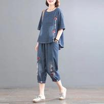 Washed Thin Denim Suit Female Summer Korean Version of Loose Stitching Printing Retro Meat-covering Western Style Two-piece Suit XXXL mėlyna