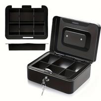 Heavy-Duty Safe Cash Box with Key Lock - Large Capacity Bank Safe, Multi-Layer Coin Trays & Compartments, Key-Lockable Durable Coin & Bill Storage Box Black