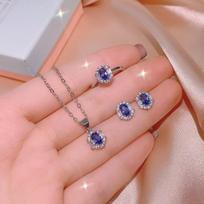 2026 Inlaid Sri Lanka Sapphire Set Pendant Earrings Three-piece Set 45CM