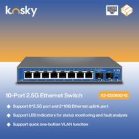 KOSKY 8+2 10G uplink 2.5G POE switch has 8 10/100/1000/2500Mbps RJ45 ports 2 1/2.5/10Gbps SFP optical ports suitable for office and home use juoda