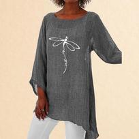 Moteriški madingi laisvi marškiniai, laisvalaikio 3/4 ilgomis rankovėmis moteriškos spaudos didelio dydžio palaidinės su apvalia kakle S balta