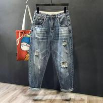 Men's Spring and Summer High Street Retro Harun Nine-minute Pants Loose Straight Hole Jeans 36 mėlyna