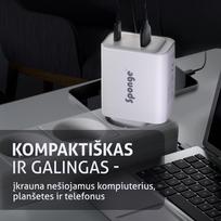 Telefono ir nešiojamo kompiuterio įkroviklis SPONGE Charger C3, 65 W, USB-C ir USB-A, GaN TÜV sertif