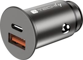 Techly Mini Car Charger USB-A and USB-C Fast Charge 3.0 38W Juodas Metal