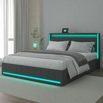 Dvigulė lova 140x190cm, minkšta lova su 4 stalčiais, LED ir USB, grotelių pagrindas, linas, pilka