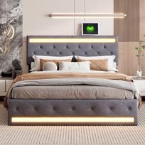 Dvigulė lova 160 x 200 cm, su LED apšvietimu, USB jungtimi ir 4 stalčiais, pilka, linas, be čiužinio