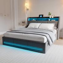 Lova 160 x 200 cm, dvigulė lova su LED apšvietimu, USB jungtimi, galvūgaliu su vieta daiktams susidėti, pakeliamu lovos pagrindu, pilka lino spalva