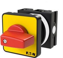 On-Off switch, T0, 20A, flush mounting, 1P, with red thumb grip and yellow front plate, T0-1-8200/E-RT 009474 | 4015080094746