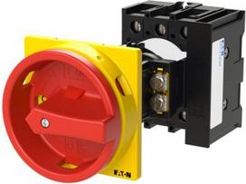 Main switch, P1, 25A, 3P, 1NO, 1NC, with red rotary handle and yellow locking ring, P1-25/V/SVB/HI11 095826 | 4015080958260