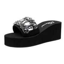 Summer Luxurious Rhinestone Women's Thick-Sole Beach Slippers 35 juoda